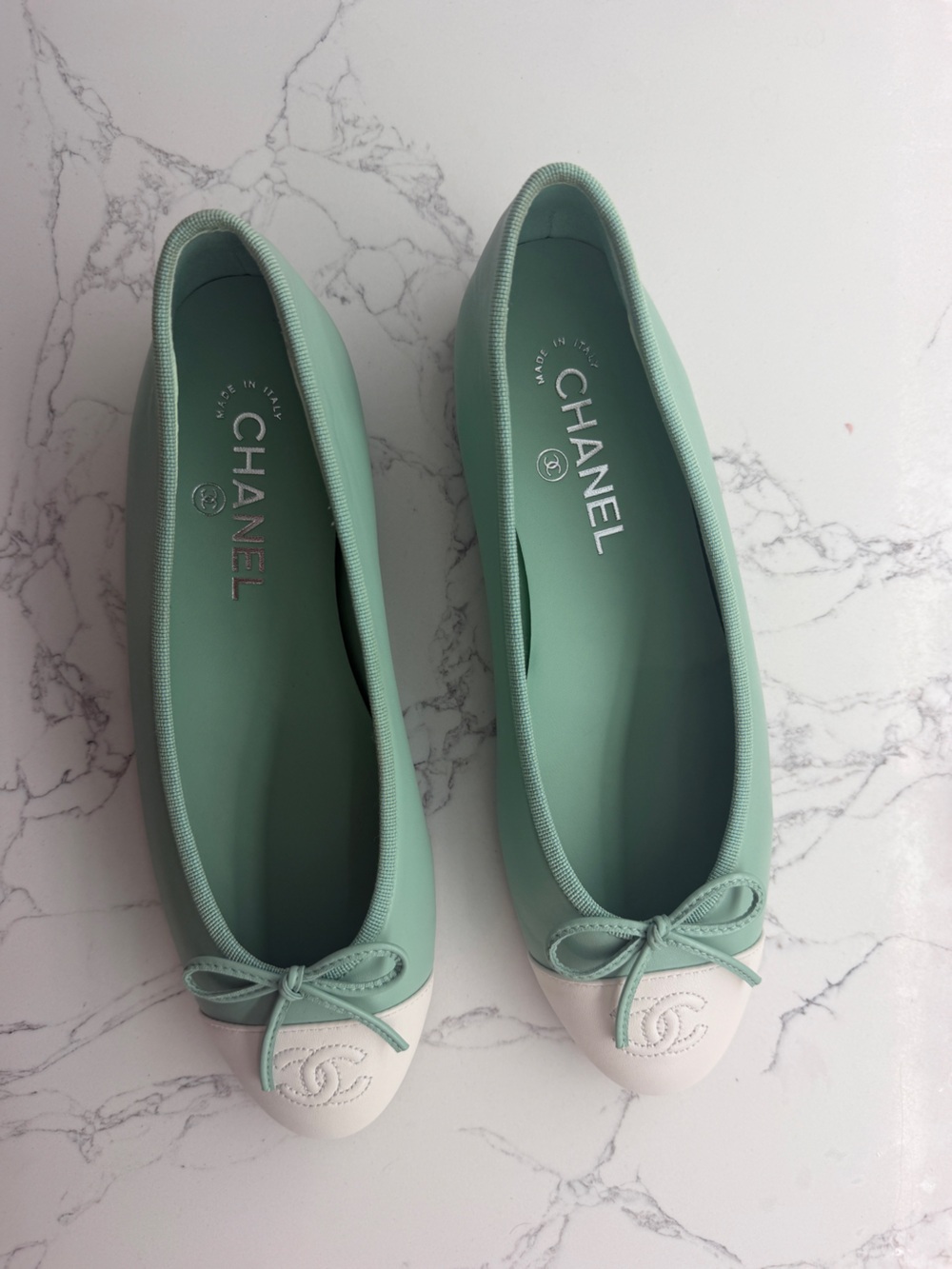 CHANEL Mint Green and White Cap-Toe Ballet Flats
